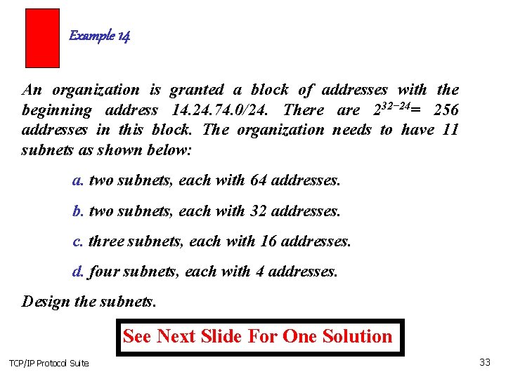 Example 14 An organization is granted a block of addresses with the beginning address