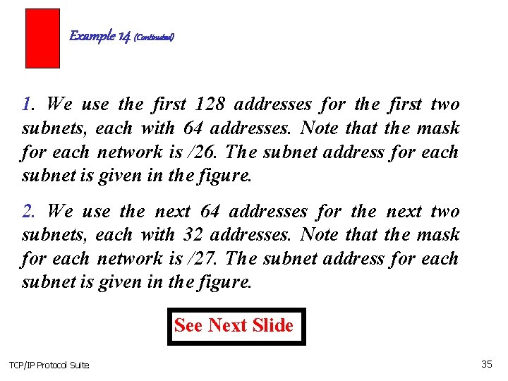 Example 14 (Continuted) 1. We use the first 128 addresses for the first two