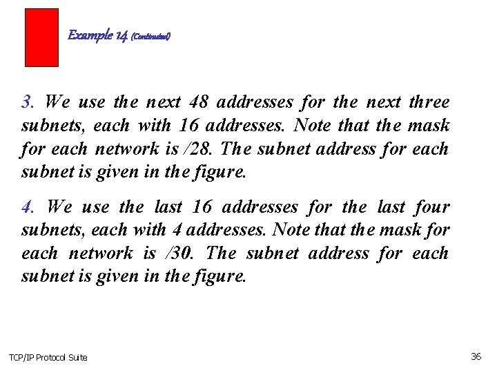 Example 14 (Continuted) 3. We use the next 48 addresses for the next three