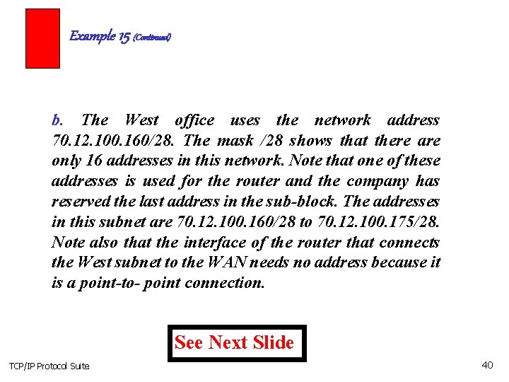 Example 15 (Continued) b. The West office uses the network address 70. 12. 100.