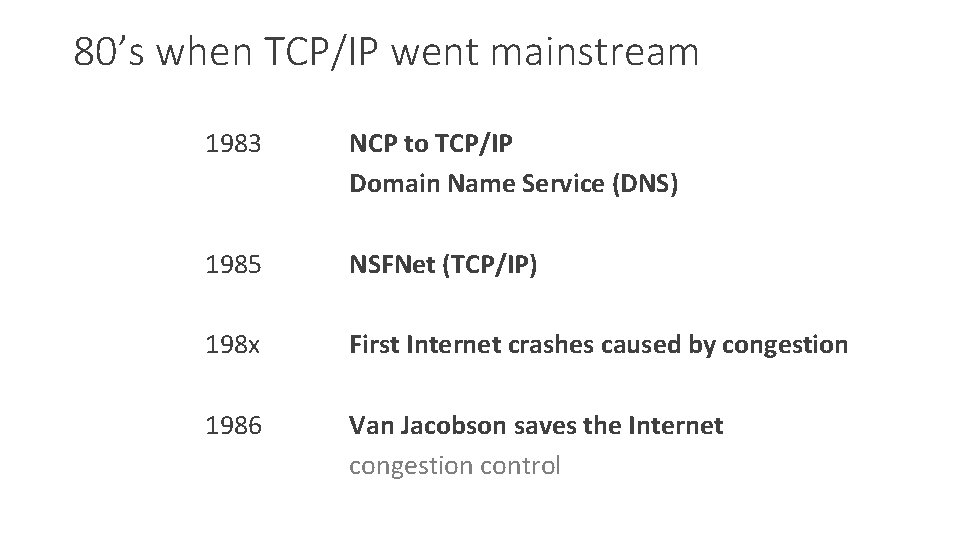 80’s when TCP/IP went mainstream 1983 NCP to TCP/IP Domain Name Service (DNS) 1985