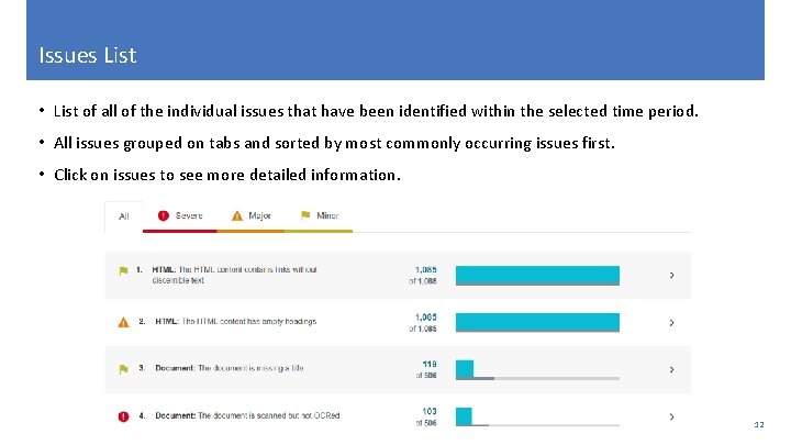 Issues List • List of all of the individual issues that have been identified