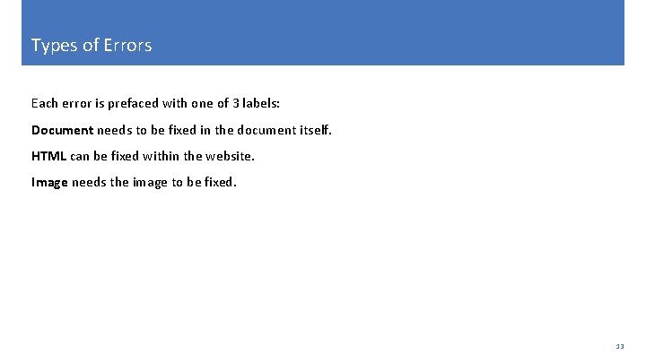 Types of Errors Each error is prefaced with one of 3 labels: Document needs