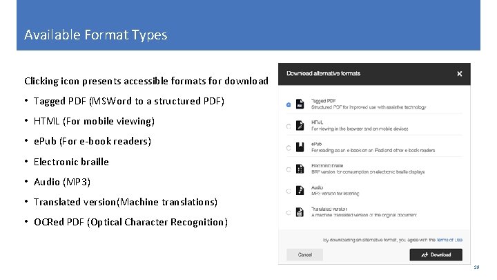 Available Format Types Clicking icon presents accessible formats for download • Tagged PDF (MSWord