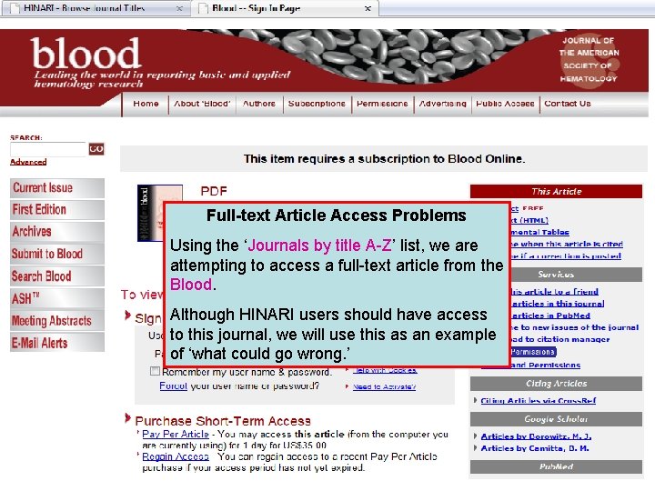 Full-text Article Access Problems Using the ‘Journals by title A-Z’ list, we are attempting