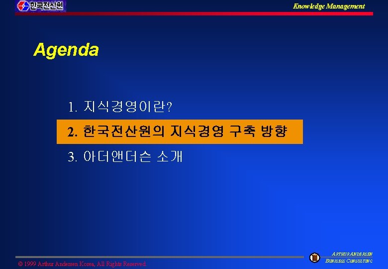 Knowledge Management Agenda 1. 지식경영이란? 2. 한국전산원의 지식경영 구축 방향 3. 아더앤더슨 소개 ©