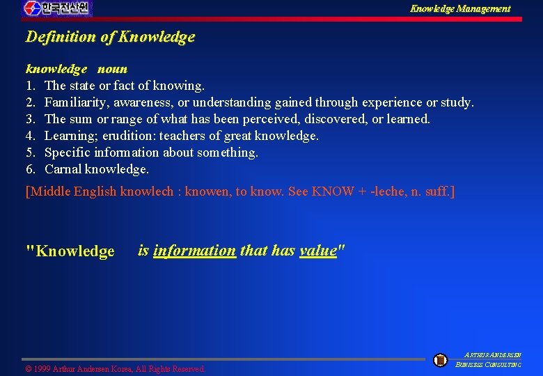 Knowledge Management Definition of Knowledge knowledge noun 1. The state or fact of knowing.