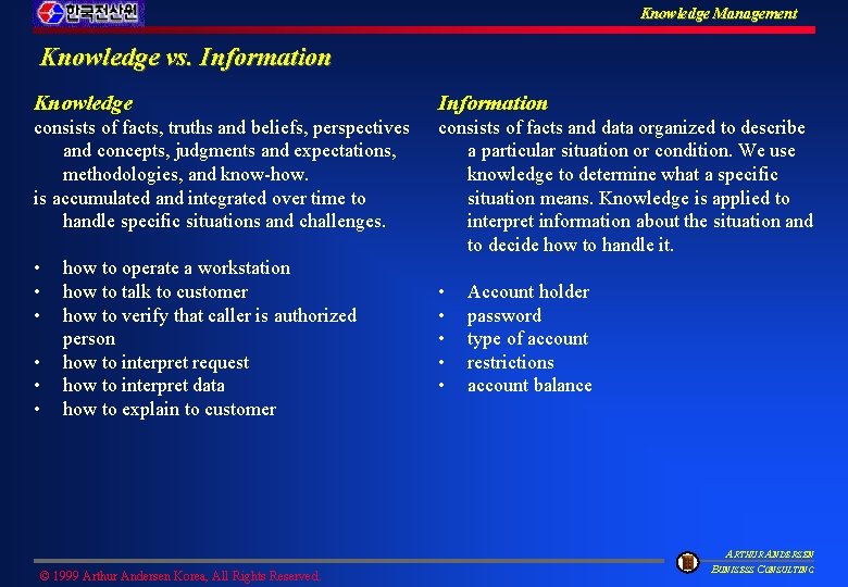 Knowledge Management Knowledge vs. Information Knowledge Information consists of facts, truths and beliefs, perspectives