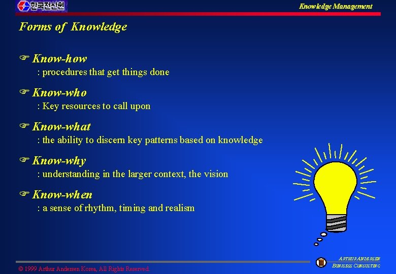 Knowledge Management Forms of Knowledge F Know-how : procedures that get things done F