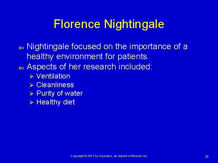 Florence Nightingale focused on the importance of a healthy environment for patients. Aspects of