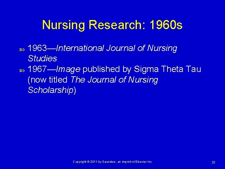 Nursing Research: 1960 s 1963—International Journal of Nursing Studies 1967—Image published by Sigma Theta