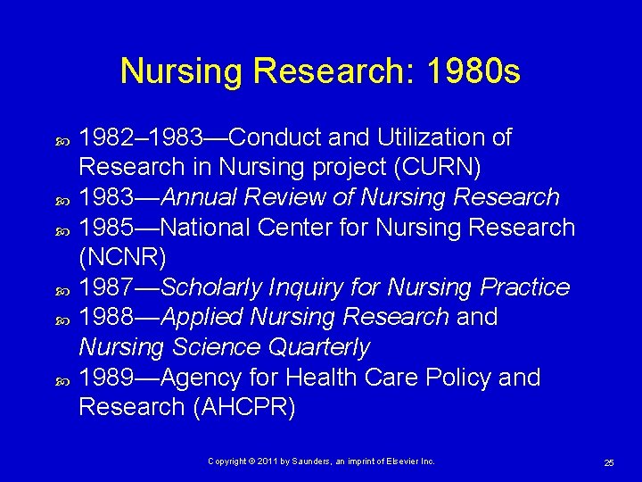 Nursing Research: 1980 s 1982– 1983—Conduct and Utilization of Research in Nursing project (CURN)