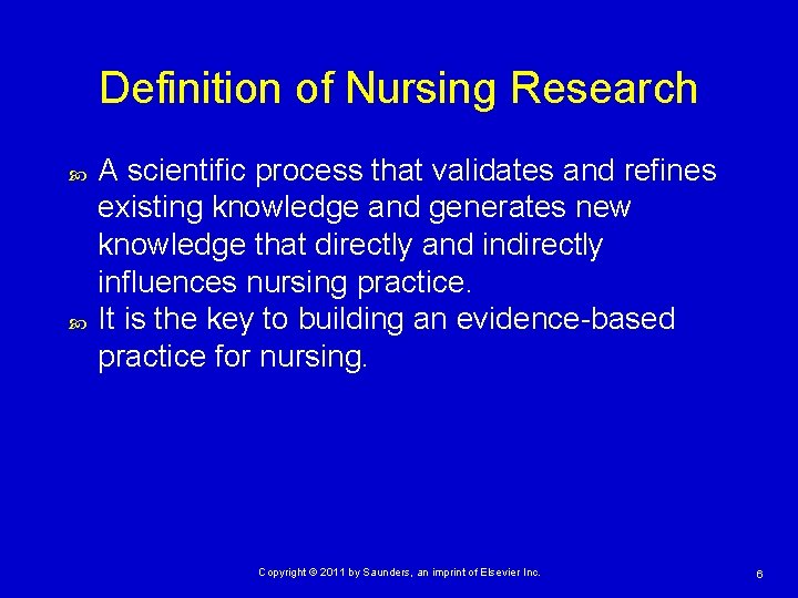 Definition of Nursing Research A scientific process that validates and refines existing knowledge and