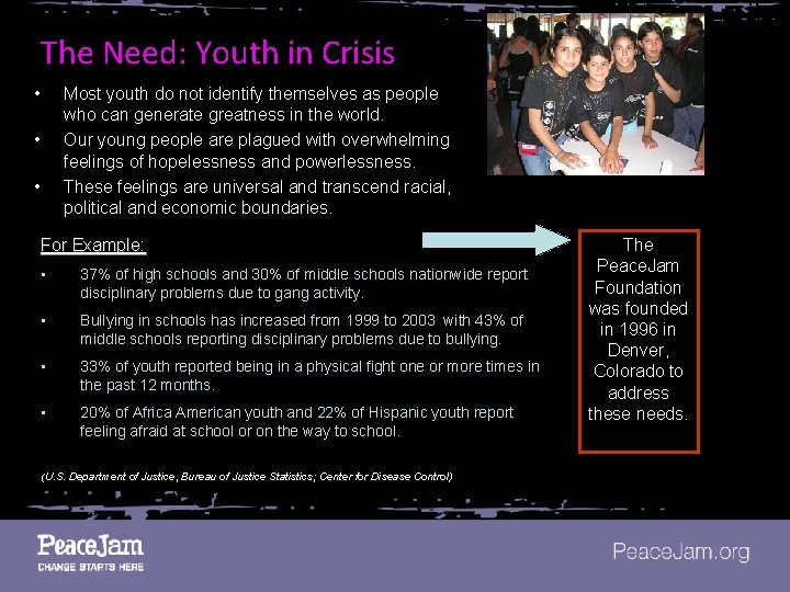 The Need: Youth in Crisis • Most youth do not identify themselves as people