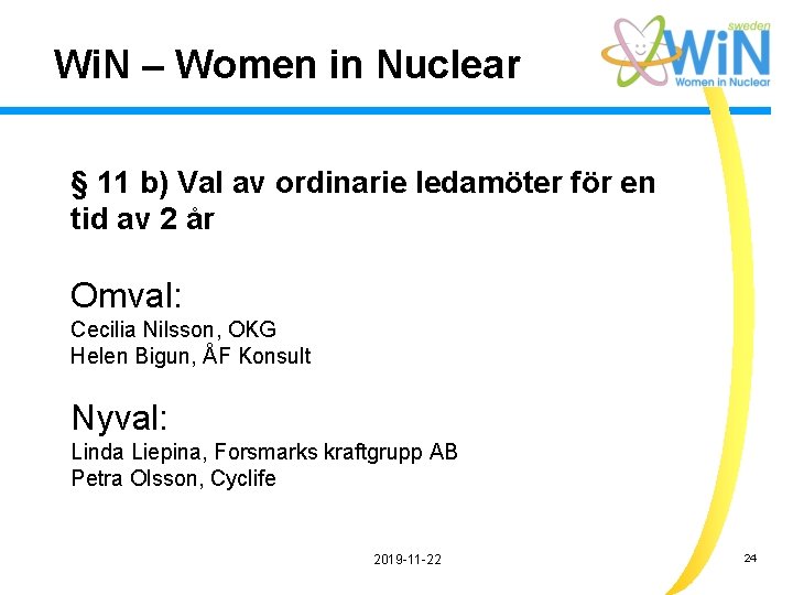 Wi. N – Women in Nuclear § 11 b) Val av ordinarie ledamöter för