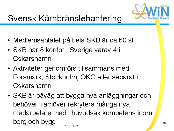 Svensk Kärnbränslehantering • Medlemsantalet på hela SKB är ca 60 st • SKB har