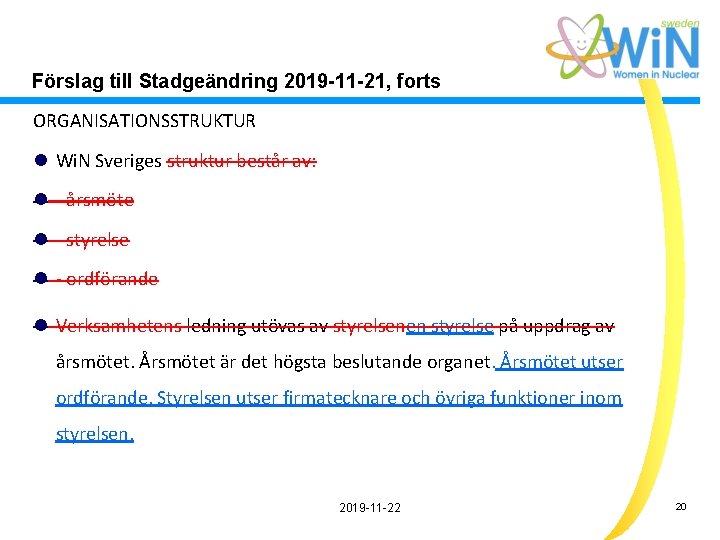 Förslag till Stadgeändring 2019 -11 -21, forts ORGANISATIONSSTRUKTUR l Wi. N Sveriges struktur består