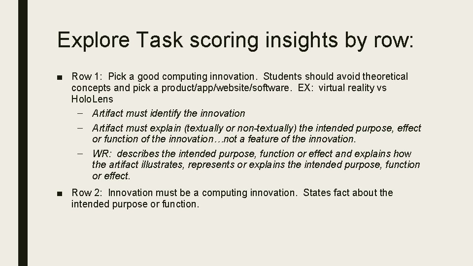 Explore Task scoring insights by row: ■ Row 1: Pick a good computing innovation.