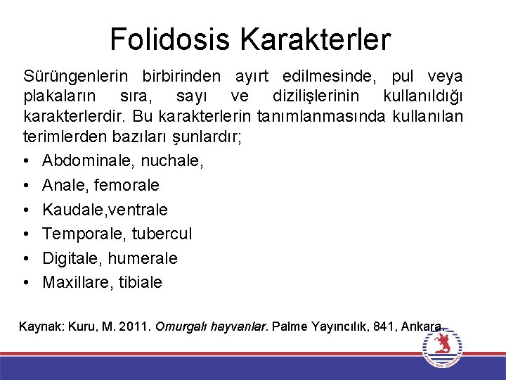 Folidosis Karakterler Sürüngenlerin birbirinden ayırt edilmesinde, pul veya plakaların sıra, sayı ve dizilişlerinin kullanıldığı