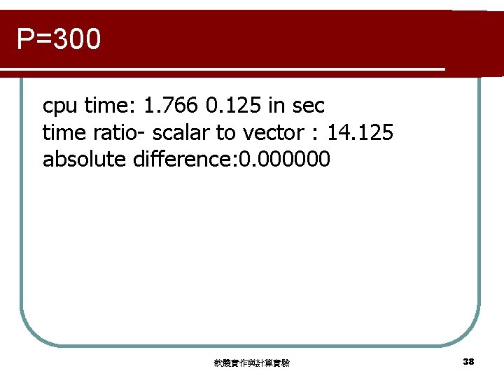 P=300 cpu time: 1. 766 0. 125 in sec time ratio- scalar to vector