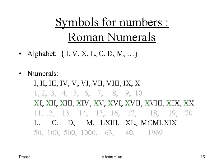 Symbols for numbers : Roman Numerals • Alphabet: { I, V, X, L, C,