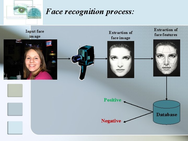 Face recognition process: Input face image Extraction of face features Positive Database Negative 