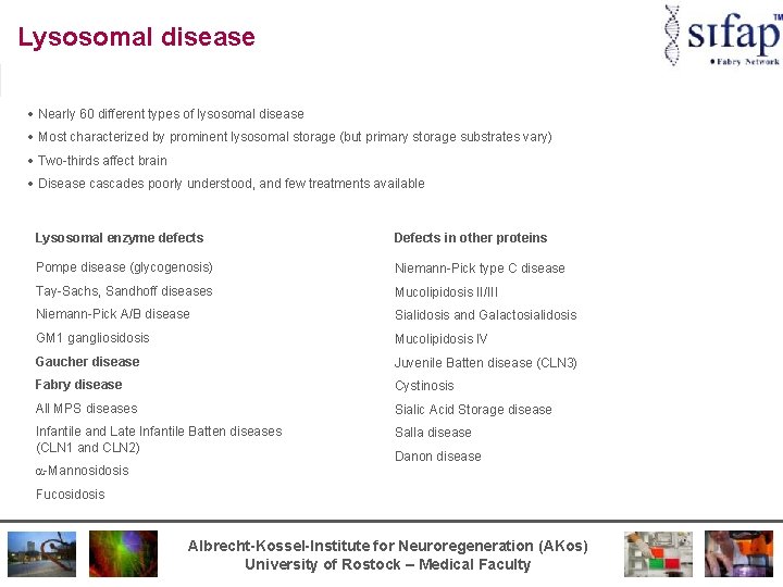 Lysosomal disease · Nearly 60 different types of lysosomal disease · Most characterized by