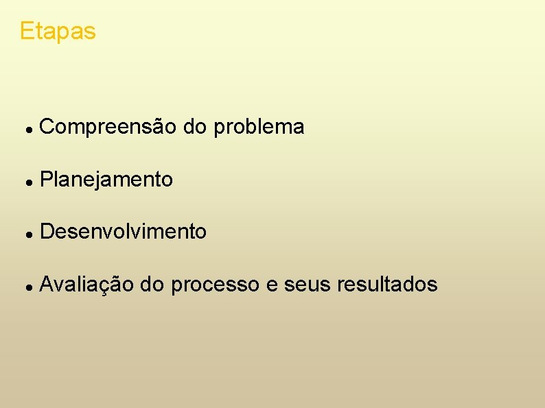 Etapas Compreensão do problema Planejamento Desenvolvimento Avaliação do processo e seus resultados 