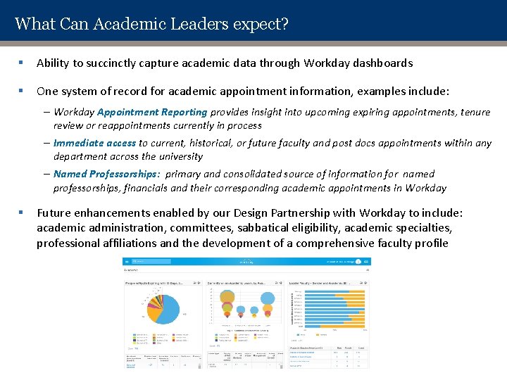 What Can Academic Leaders expect? § Ability to succinctly capture academic data through Workday