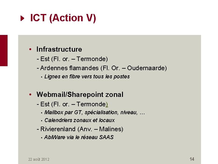 ICT (Action V) • Infrastructure - Est (Fl. or. – Termonde) - Ardennes flamandes