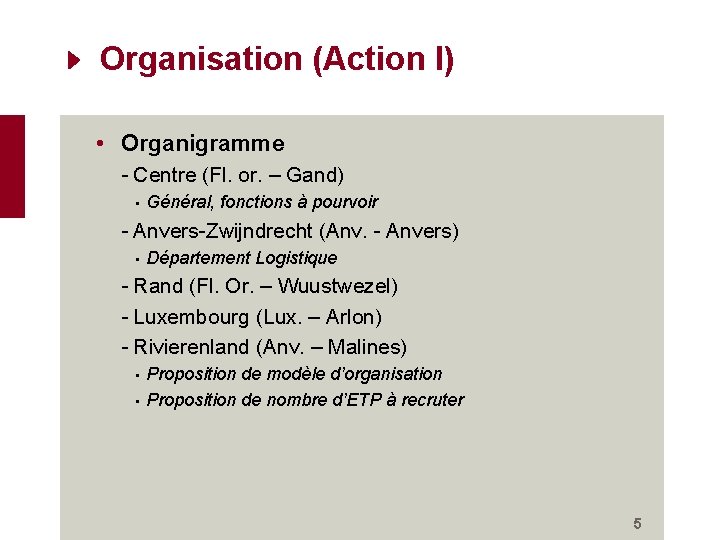 Organisation (Action I) • Organigramme - Centre (Fl. or. – Gand) • Général, fonctions