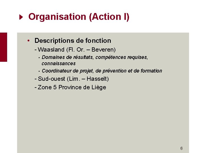 Organisation (Action I) • Descriptions de fonction - Waasland (Fl. Or. – Beveren) •