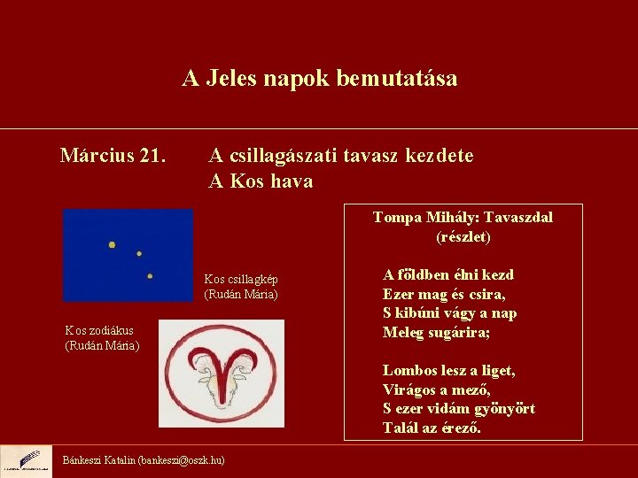 A Jeles napok bemutatása Március 21. A csillagászati tavasz kezdete A Kos hava Tompa