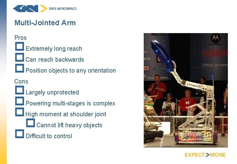 Multi-Jointed Arm Pros p. Extremely long reach p. Can reach backwards p. Position objects