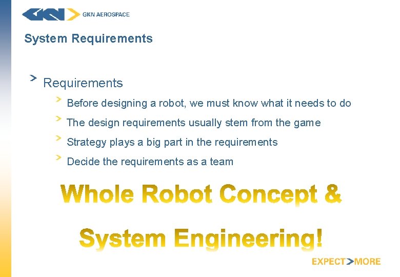 System Requirements Before designing a robot, we must know what it needs to do