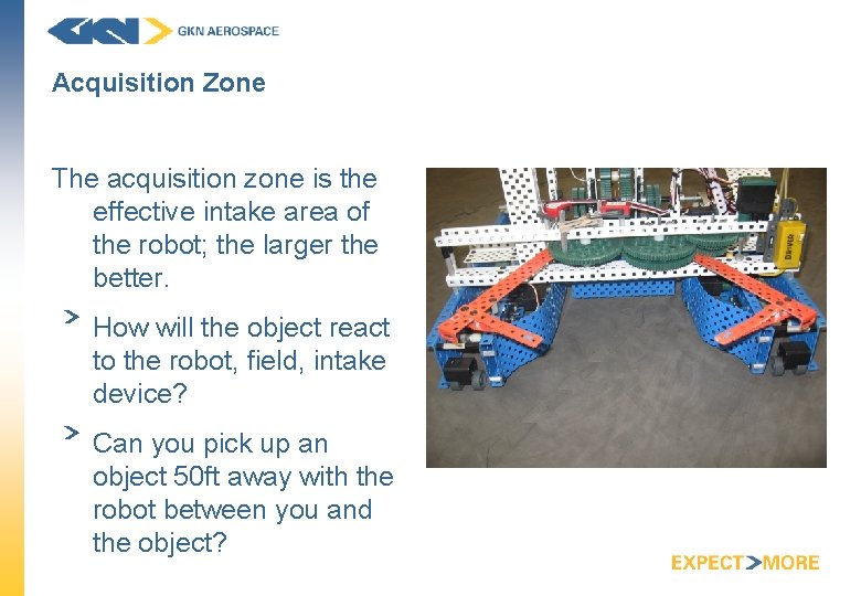 Acquisition Zone The acquisition zone is the effective intake area of the robot; the