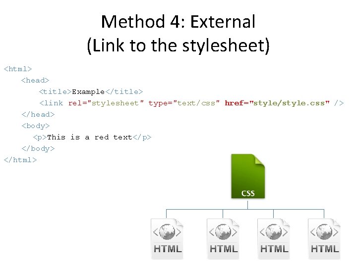 Method 4: External (Link to the stylesheet) <html> <head> <title>Example</title> <link rel="stylesheet" type="text/css" href="style/style.