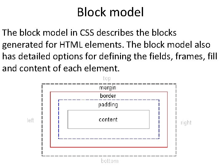 Block model The block model in CSS describes the blocks generated for HTML elements.