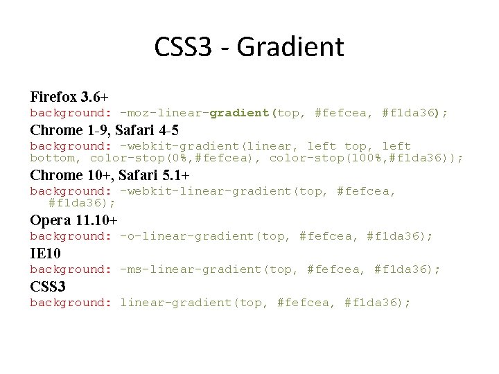 CSS 3 - Gradient Firefox 3. 6+ background: -moz-linear-gradient(top, #fefcea, #f 1 da 36);
