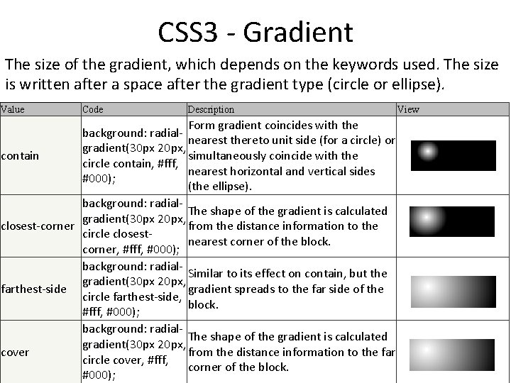 CSS 3 - Gradient The size of the gradient, which depends on the keywords