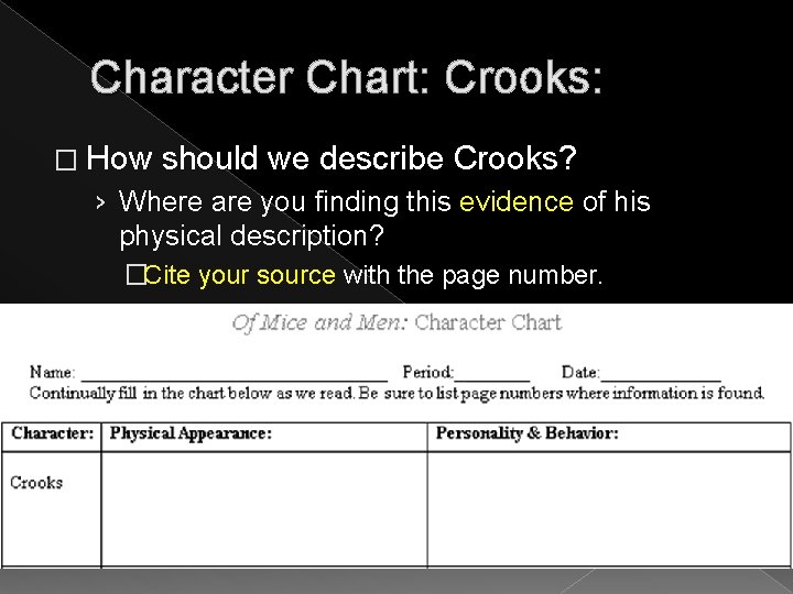 Character Chart: Crooks: � How should we describe Crooks? › Where are you finding