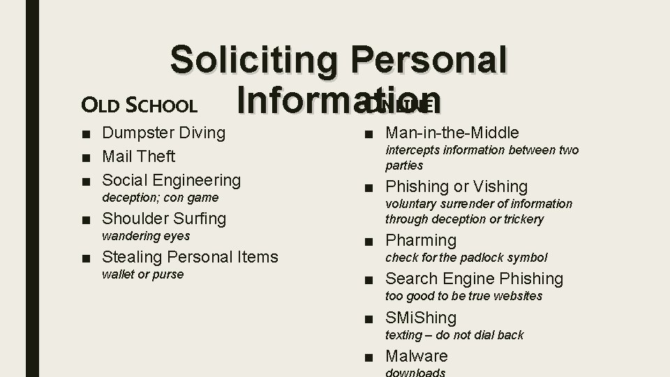 Soliciting Personal OLD SCHOOL ONLINE Information ■ Dumpster Diving ■ Mail Theft ■ Social