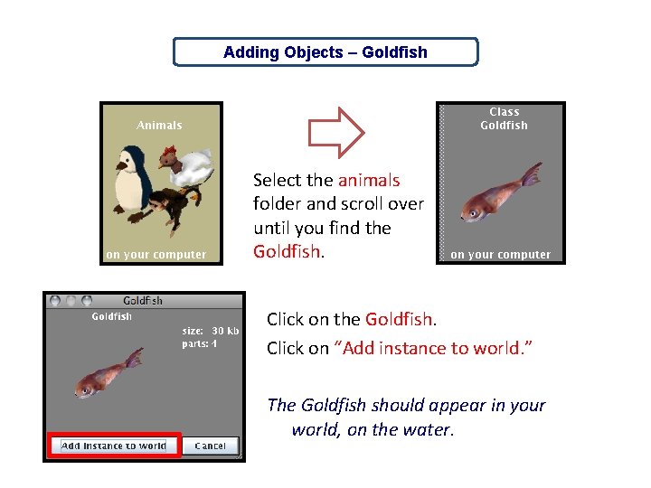 Adding Objects – Goldfish Select the animals folder and scroll over until you find