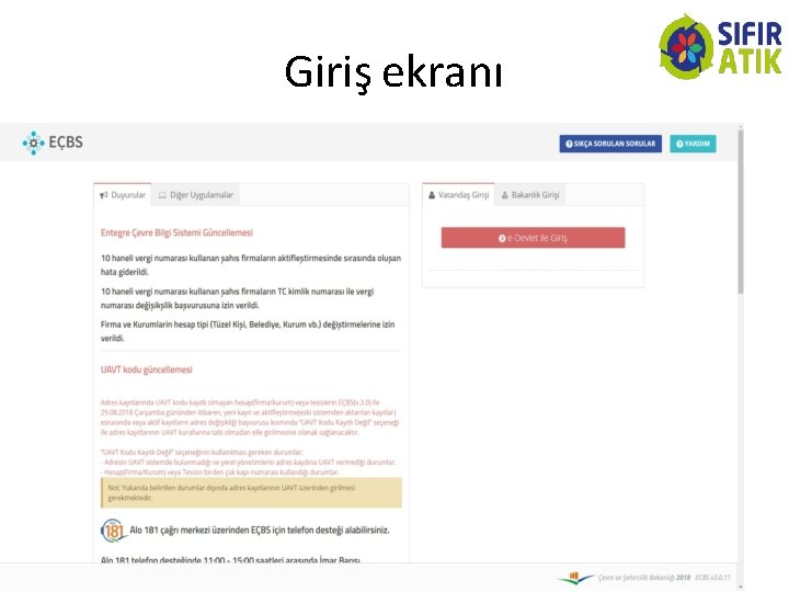 Giriş ekranı Hülya Çakır-Sıfır Atık Envanter ve Eğitim Şube Müdürü 