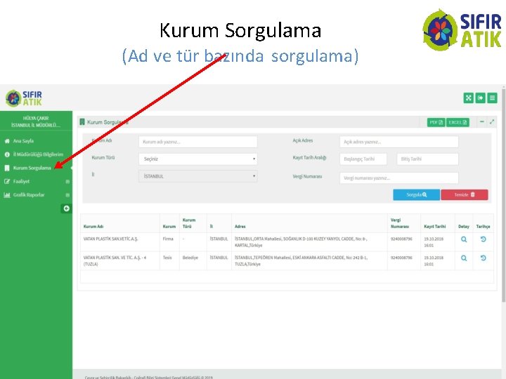 Kurum Sorgulama (Ad ve tür bazında sorgulama) 