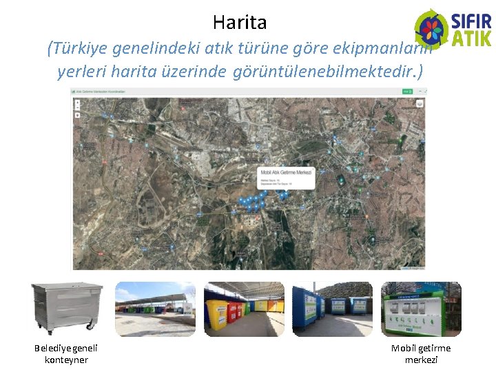 Harita (Türkiye genelindeki atık türüne göre ekipmanların yerleri harita üzerinde görüntülenebilmektedir. ) Belediye geneli