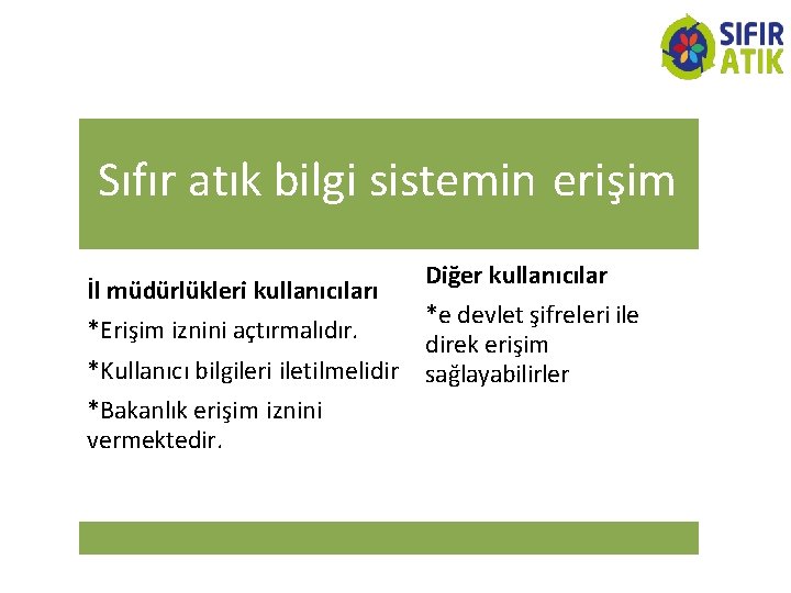 Sıfır atık bilgi sistemin erişim İl müdürlükleri kullanıcıları *Erişim iznini açtırmalıdır. *Kullanıcı bilgileri iletilmelidir