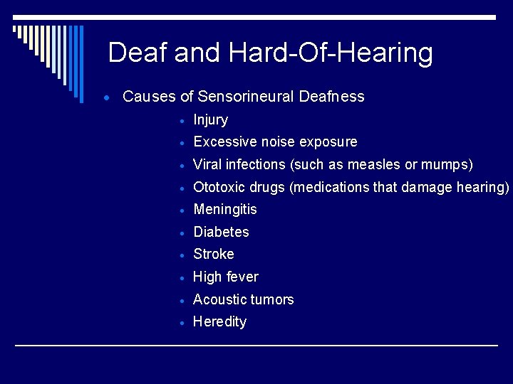 Deaf and Hard-Of-Hearing · Causes of Sensorineural Deafness · Injury · Excessive noise exposure