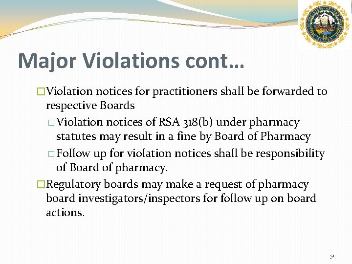 Major Violations cont… �Violation notices for practitioners shall be forwarded to respective Boards �