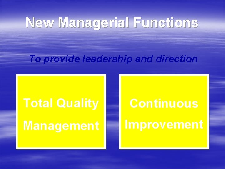 New Managerial Functions To provide leadership and direction Total Quality Continuous Management Improvement 